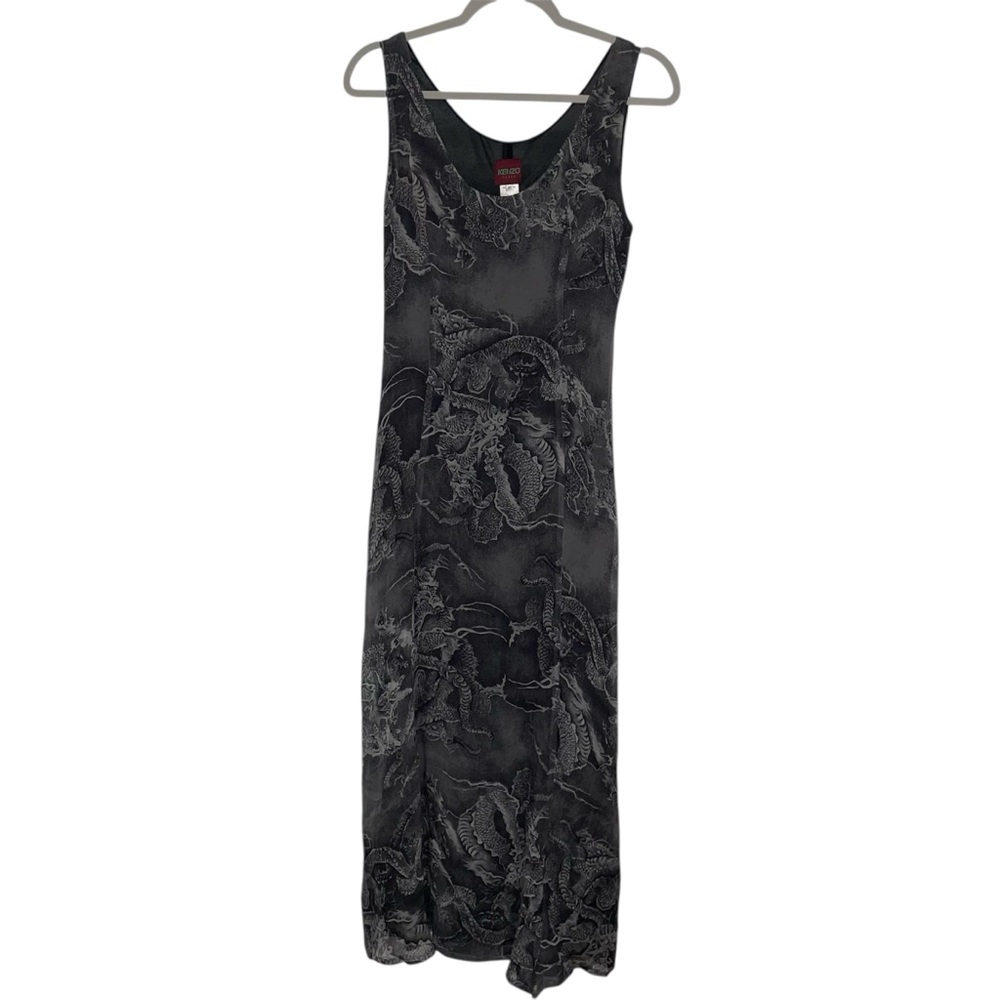 Vintage 1990s Kenzo 100 % silk dragon Black grey Sleeveless maxi Dress - Picture 3 of 6